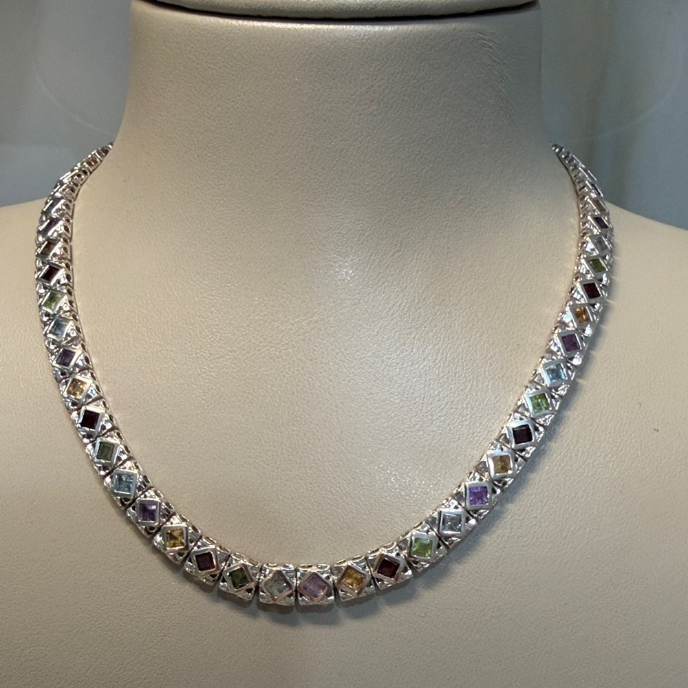 Solid 14k Elegant Multicolor Gemstone Necklace.